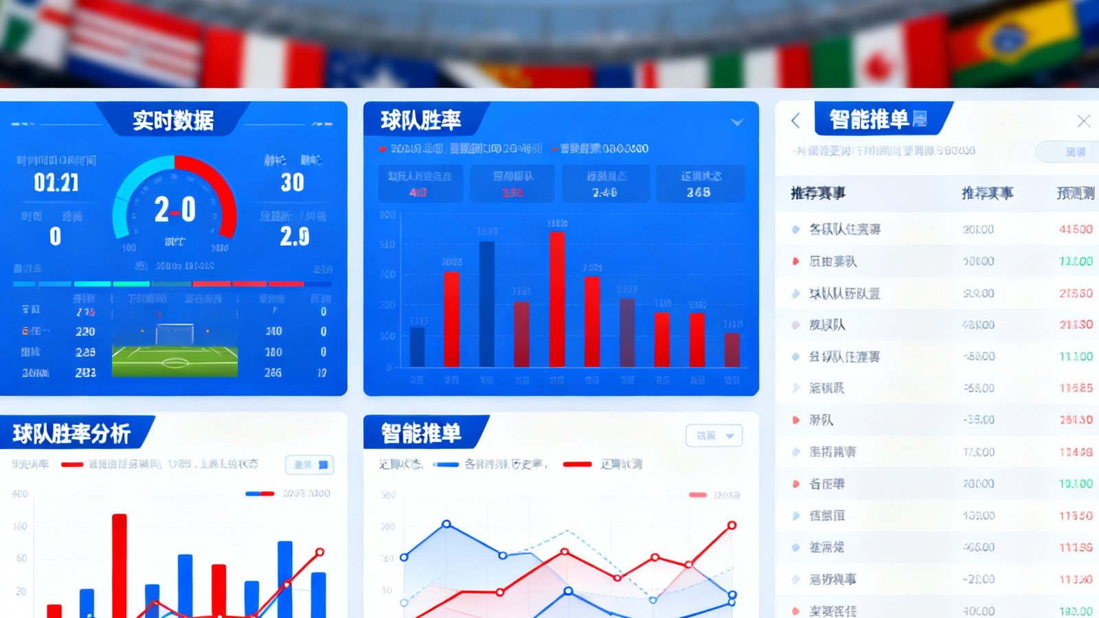 世界杯预测工具在线英雄界面，展示实时数据仪表盘、球队胜率分析与智能推单面板，背景为球场与国旗元素